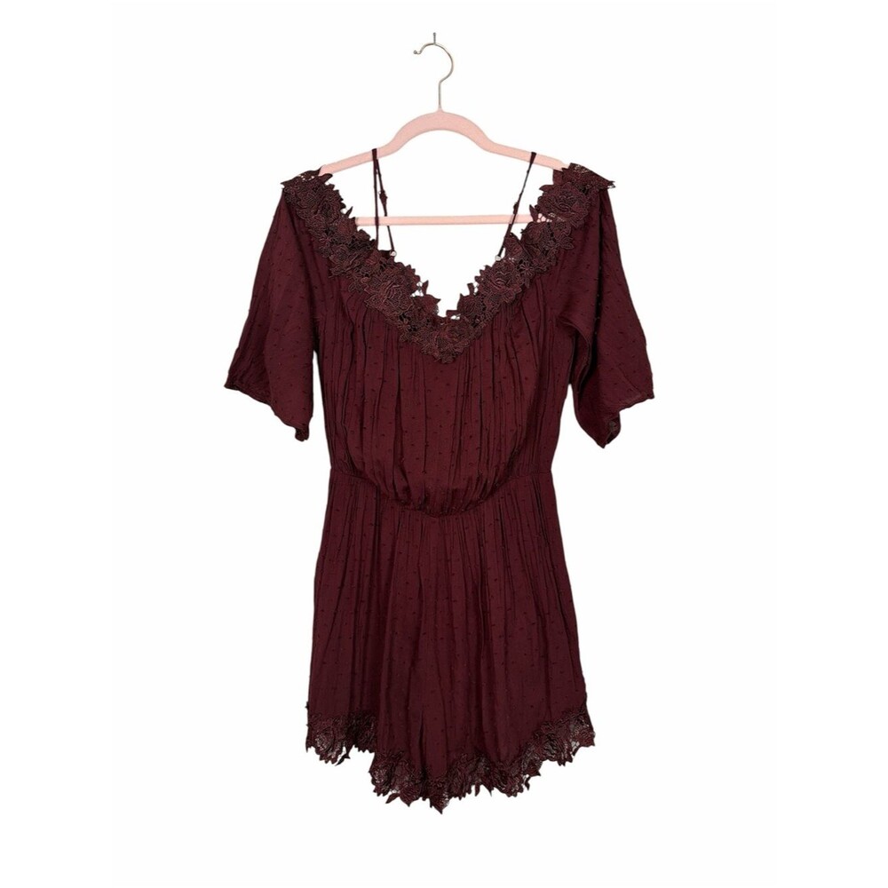 Ark & Co Burgundy Lace Trim Romper Medium Boho Swiss Dot Festival Romantic
